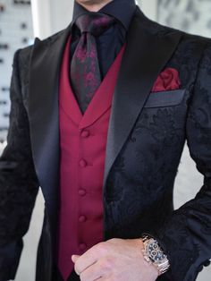 Very excited about this look 🤩 Here's our latest Black Vittoriana look with a pop of burgundy! 🖤 ♥️ We all know how popular a Black & Burgundy look is 🙌 #sebastiancruzcouture #mensclothing #mensfashion #menswear #menstyle #bespoke #suits #suitstyle #fashion #fashionblogger #roaring20s Gothic Tuxedo Men, Black And Red Suits Men, To Start A Conversation, Dress Suits For Men, Designer Suits For Men, Prom Suits, Fashion Suits For Men, Black Suit, Wedding Suits Men