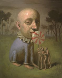 a painting of a man eating a lollipop with two other men in the background