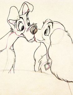 a drawing of two dogs kissing each other with their noses touching one another's nose