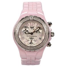 A fresh, bold and exciting timepiece for the ladies by TechnoMarine. The highly polished pink ceramic finish grabs your attention and draws you in to the intricate modern dial framed by a bezel of over 100 white diamonds, .90 ct. TW. In high demand, this 39mm Women's TechnoMarine Pink Ceramic Stainless Steel Model DTCP07C with full Diamond Bezel has an attractive engraved spiral guilloche face, silver-tone luminescent hands and Arabic numerals in matching pink. Swiss-made quartz, the battery pow Omega Constellation, Pink Ceramic, Bezel Diamond, Steel Watch, Swiss Made, White Diamonds, Diamond White, Chronograph, Time Piece