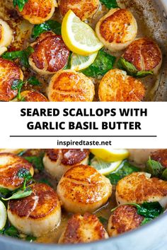 seared scallops with garlic basil butter in a skillet