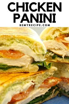 the chicken panini is cut in half and stacked on top of each other