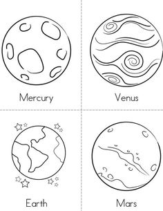 four different planets with the names of them in black and white, including one planet