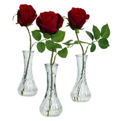 three vases with roses in them on a white background