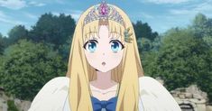 an anime character with long blonde hair and blue eyes wearing a tiara in front of trees