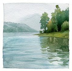 a watercolor painting of a lake surrounded by trees