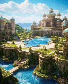 an artist's rendering of a palace with a pool in the middle and lots of greenery around it