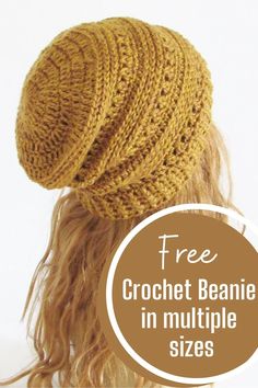 a woman's head wearing a crochet beanie in multiple sizes with the text free crochet beanie in multiple sizes