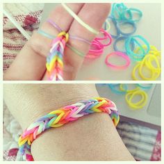 two pictures showing different types of rainbow loom bracelets on someone's hand