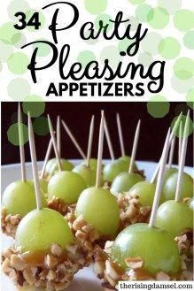 grapes and nuts are arranged on skewers with the words, 34 party pleasing appetizers