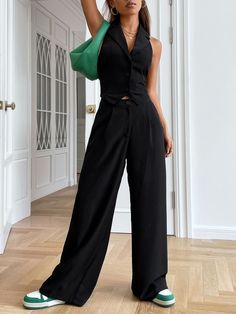 Black Elegant Collar Sleeveless Plain Embellished Non-Stretch Women Clothing Waistcoat And Wide Leg Pants, Woman’s Waistcoat, Trousers And Waistcoat Women, Waistcoat Trousers Women, Black Pants Outfit Elegant, Prom Outfits For Girls Pants, Black Out Party Outfits, Elegant Black Trousers, Formal Suits For Women Prom