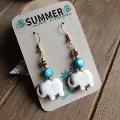 Elephant earrings turquoise handmade earrings gold tribal earrings boho animal earrings dangle stone earrings carved unique jewelry women Length: 1.5 inches approx These beauties have 18mm hand carved stone elephant beads double sided, 8mm Campitos North American natural stone turquoise, gold plated findings and ear wires. Unique boho earrings from SLDbeadwork. Earrings for women. Yes, please. I love to rock a great pair of earrings. Stone, crystal, lampwork, beaded earrings, well I love all of Handmade Turquoise Earrings, Handmade Turquoise Jewelry, Hand Carved Stone, Elephant Earrings, Earrings Stone, Earrings Turquoise, Carved Stone, Animal Earrings, Stone Crystal