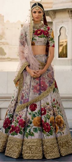 1507527: Wedding Black and Grey color Lehenga in Art Silk fabric with Border, Floral, Printed, Sequence, Thread work Sabyasachi Lehenga, Saree Bollywood, Floral Lehenga, Indian Bridal Lehenga, Red Lehenga, Indian Bridal Wear, Indian Lehenga, Ghagra Choli, Party Wear Lehenga