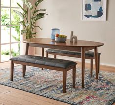 a dining room table with two benches and a potted plant on the rug next to it