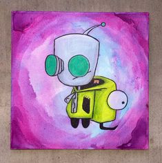 a painting of a robot riding on top of a yellow car with headphones in its ears