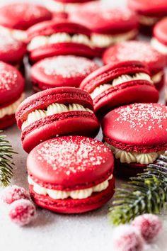 red velvet cranberry macarons with white frosting