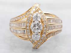 This stunning diamond ring is crafted with lustrous yellow gold and twinkling diamonds. The bypass design adds a unique touch to this classic piece, while the diamond accents provide an extra touch of elegance. Perfect for adding a touch of sparkle to any outfit. Metal: 14K Yellow Gold Gem: Diamonds totaling 1.31 Carats, I in Clarity, G-I in Color Gem Measurements: 4.2 mm, Round Ring Size: 6.50 Marks: "14K" Stamped on the inside band SKU #: A42969 Each piece has been identified and graded by a Graduate Gemologist who has been certified by the Gemological Institute of America (GIA). We have six brick-and-mortar storefronts in Maine, Massachusetts, and New Hampshire and have been in business for over 25 years! Please visit our Shop's About Page or our website for more information about our j Ring Sketch, Stunning Diamond Rings, Right Hand Ring, Gem Diamonds, Bypass Ring, Pocket Watch Chain, Right Hand Rings, Ring With Diamond, Hand Ring