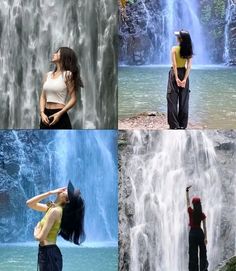 four pictures of women standing in front of a waterfall