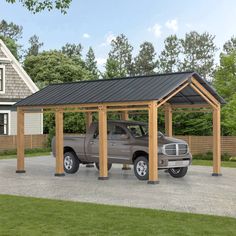 a truck is parked in front of a house with a carport attached to it