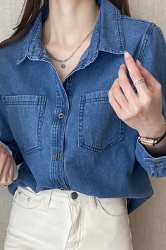 Fitted Chambray Shirt Women, Denim Blue Collared Blouse, Cheap Medium Wash Denim Top For Work, Cheap Denim Blue Button-up Top, Matching Sets Sweats, No Pun Intended, Full Sleeve Top, Baggy Tops, Brunch Dress