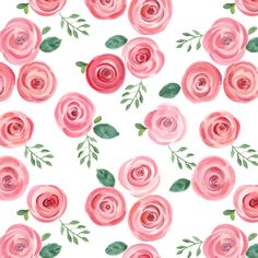 watercolor pink roses with green leaves on a white background, seamless fabric pattern