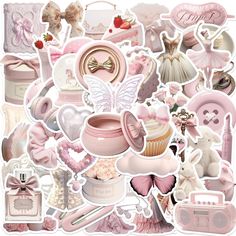 a collection of pink and white stickers with various items in them, such as cupcakes