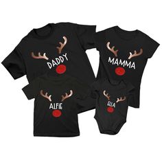 Personalised Festive Red Nose Reindeer Matching Family T-shirts Bleach Logo, Personalized Christmas Pajamas, Matching Family T Shirts, Red Nose Reindeer, Family Matching Christmas, Body Suits, Christmas Tops, Red Nose, Red Nosed Reindeer