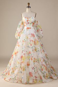 Floral Wedding Dress With Sleeves, Colourful Wedding Dress, Wedding Dress With Sleeves, Sweep Train Wedding Dress, Train Wedding Dress, Floral Wedding Dress, Dress With Sleeves, Ivory Wedding Dress, Wedding Bridesmaid Dresses