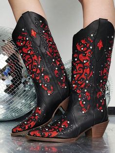 black red  Collar     Embellished   Women Shoes Disco Wedding, Vintage Village, Womens Red Shoes, Winter Heels, Boots Cowboy, Rhinestone Shoes, Slip On Boots, Western Cowgirls, Boots Women Fashion