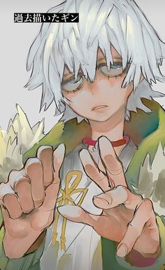 an anime character with white hair and glasses making the peace sign while holding his hand up