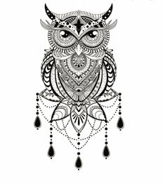 an owl with feathers and beads on it's head is drawn in black ink