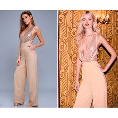 two photos of women in jumpsuits and one is wearing a top with sequins on it