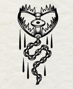 a black and white drawing of a chain attached to a heart with an evil face on it