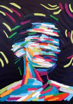 an abstract painting of a woman's face with colorful lines coming out of her hair