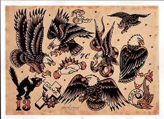 an old school tattoo design with birds and other tattoos