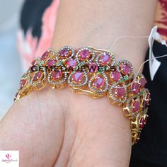 Ruby Gemstone Bracelet, Pave Diamond Bracelet, Gemstone Silver Jewelry, Ruby Gemstone Bracelet, 925 Silver Bracelet, Gold Plated Jewelry Gross Weight: 60.97 gram Gemstone Weight: 51.17 cts Diamond Weight: 6.28 cts Bracelet Size: 7.5 inch NOTE:- All The Products Are Designed And Manufactured In My Workshop By Me & My Team. Shown Products Are Purely Handmade. Custom Orders Are Open Handly Accepted. We Are the Perfect Choice For Any Custom Jewelry Manufacturing. For Bulk Orders Please Message m Round Natural Stones Bracelet In Fine Jewelry Style, Round Natural Stones Bracelets Fine Jewelry, Fine Jewelry Bracelets With Natural Stones, Wedding Bangle Bracelets With Natural Stones, Wedding Bangle Bracelet With Natural Stones, Fine Jewelry Ruby Gemstone Bracelets, Fine Jewelry Sterling Silver Gemstone Bangle, Ruby Gemstone Bracelets For Wedding, Sterling Silver Gemstone Bangle Bracelet