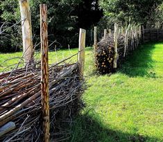 a fence made out of branches and sticks in the grass with trees behind it on both sides