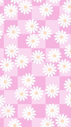 a pink and white checkered background with daisies