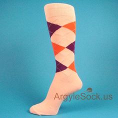 MA048: LIGHT PEACH / PURPLE / ORANGE MEN'S DRESS ARGYLE SOCKS Light Peach Background, Clemson University