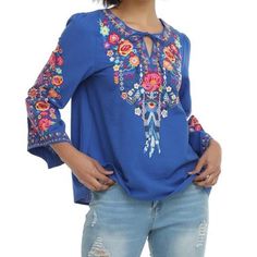 Floral Embroidered Long Sleeve Blouse Boho V Neck Tunic Top Cottagecore Bohemian Flowy Top Embrace The Perfect Union Of Classic Beauty And Contemporary Trends With This Gorgeous Embroidered Tunic Top. This Captivating Piece Showcases Intricate Floral Embroidery, Striking The Perfect Balance Between Romance And Sophistication. Keyhole, V-Neckline And Long Sleeves Add A Touch Of Allure, While The Flowy Silhouette Provides A Flattering Fit. Add Some Personality To Your Look With This Stunning Embro Blue Long Sleeve Blouse With Floral Embroidery, Blue Tops With Geometric Embroidery For Spring, Blue Long Sleeve Blouse With Boho Print, Spring Blue Geometric Embroidered Blouse, Blue V-neck Top With Floral Embroidery, Blue Blouse With Geometric Embroidery For Spring, Blue Floral Embroidered Long Sleeve Top, Blue Long Sleeve Embroidered Top With Floral Design, Blue Long Sleeve Embroidered Top With Floral Detail