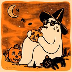 a drawing of a polar bear in a witches hat holding a pumpkin with two cats nearby