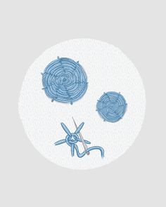 an image of scissors and yarn on a white circle with blue thread in the center