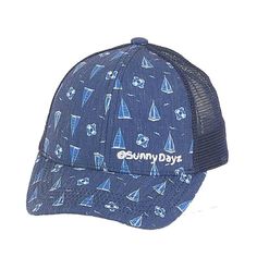 Sailboat Trucker's Cap for Small Heads - Sunny Dayz Hat Navy Visor Hat For Summer, Cotton Trucker Hat With Flat Bill For Beach, Navy Adjustable Baseball Cap For Summer, Adjustable Navy Trucker Hat With Visor, Navy Adjustable Trucker Hat With Visor, Blue Snapback Hat For Summer, Adjustable Blue Trucker Hat With Curved Bill, Blue Adjustable Trucker Hat With Curved Bill, Adjustable Blue Trucker Hat For Summer