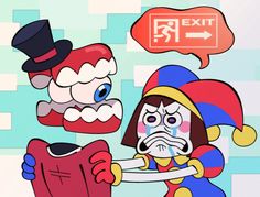 an animated character holding a giant toothbrush in front of another character wearing a top hat