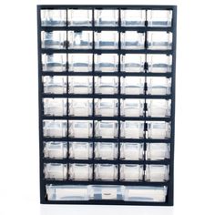 a black shelf filled with lots of clear plastic containers on top of white flooring