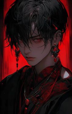 an anime character with black hair and red eyes, wearing long necklaces on his neck