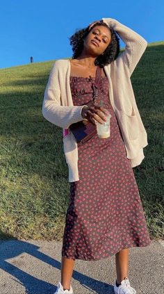 Cute Midi Dress Outfits, Dress W Cardigan, Long Dress With Cardigan Aesthetic, Sundress Cardigan Outfit, Midi Dress Cardigan Outfit, Dress Outfits With Cardigan, Sun Dress With Cardigan, Summer Dress And Cardigan, Long Dress Cardigan Outfit