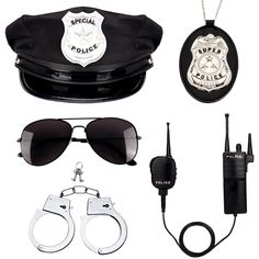 PRICES MAY VARY. Police Costume Set: Come with 1 x police hat, 1 x handcuffs, 1 x walkie talkie, 1 x badge necklace, 1 x sunglasses, all essentials can be paired with police costumes, allow you to create a realistic cop look Lightweight Cop Hat: Made of polyester fabric and plastic brim, breathable and lightweight to wear, 22.8-23.6 inches in head circumference, fits for men and women, with silver policer officer or special police badge on the front, more chic Cool Cop Accessories: Metal toy han Cop Halloween Costume For Women, Cop Costume Diy, Cop Costumes For Women, Cop Costume Halloween, Swat Hat, Halloween Cop, Swat Costume, Police Agent, Police Accessories