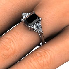 Emerald Cut Black Diamond and Trillion White Saphire Three Stone Ring - Rare Earth Jewelry Black Diamond Engagement Ring Vintage, Ring 3 Stone, Earth Jewelry, Black Diamond Engagement Ring, Dainty Diamond Ring, Leaf Engagement Ring, Black Diamond Engagement, Gold Diamond Wedding Band, Engagement Ring Vintage