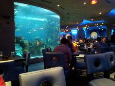 people sitting at tables in front of an aquarium